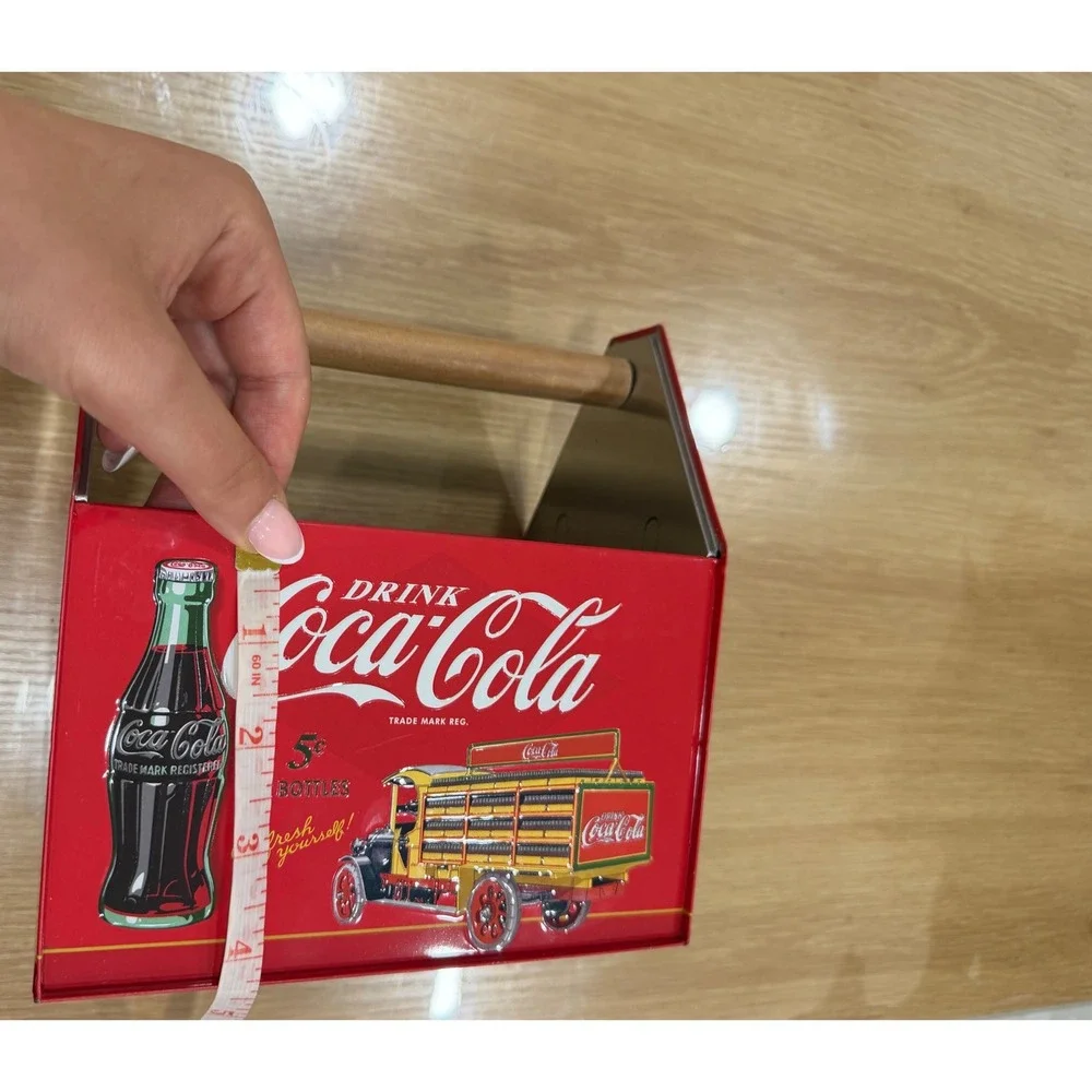 Coca-Cola Vintage Style Metal Tin Caddy Wooden Handle Red Bottle Carrier Decor